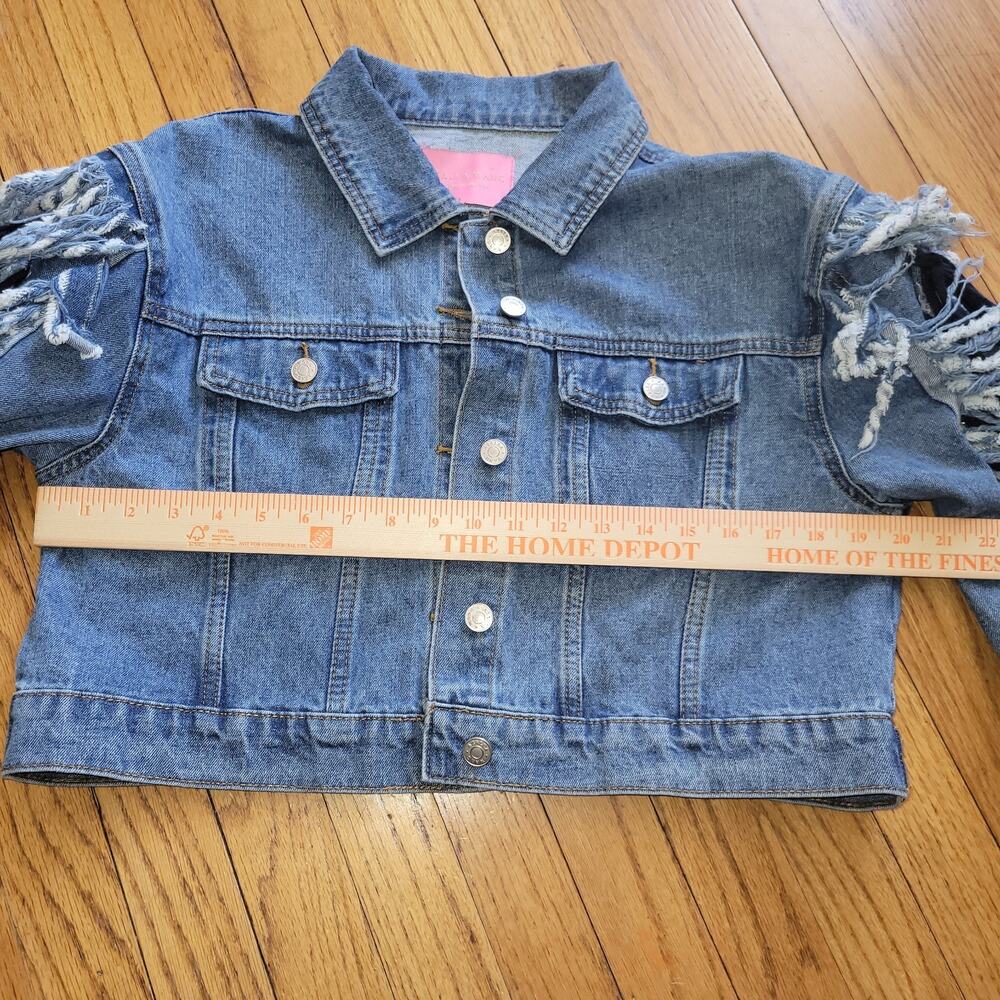 Azalea Wang Blue Denim Jacket Cropped Lace Up Sleeve Fringe Rocker Sz Large - Picture 8 of 12